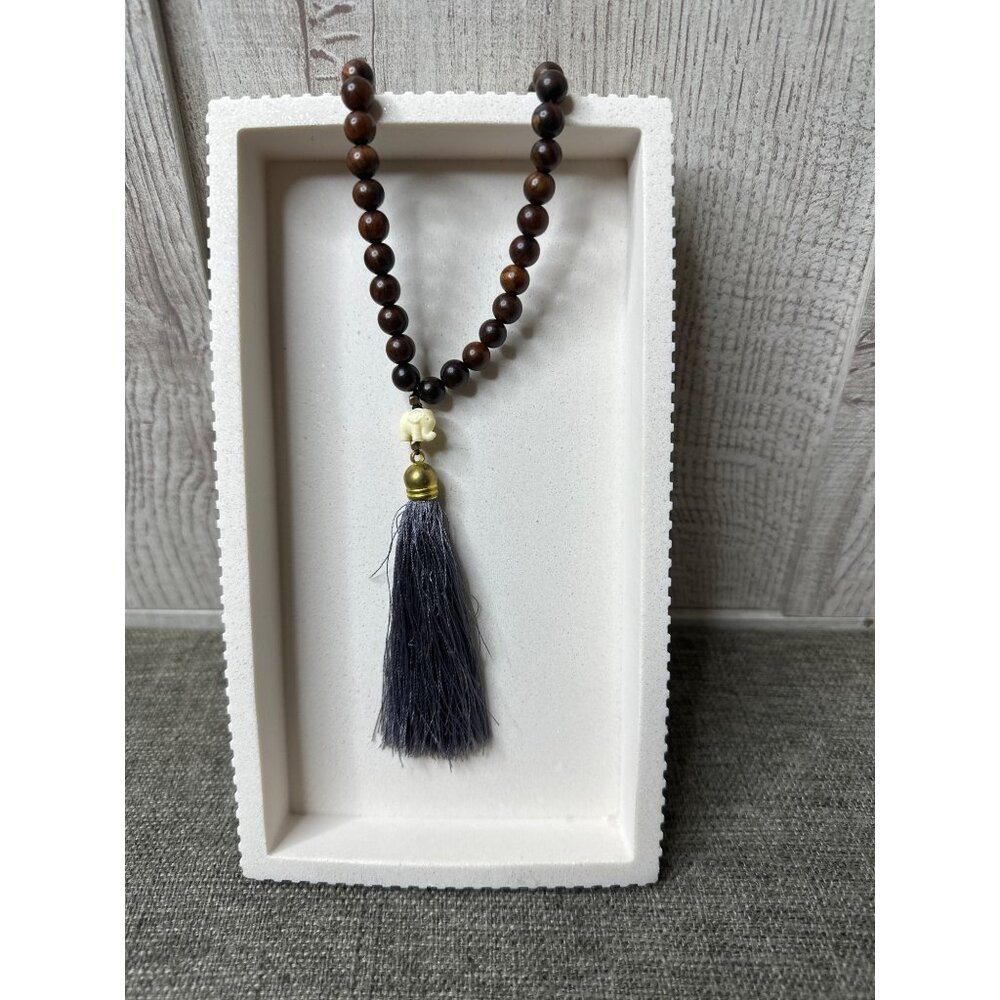 Boho Handcrafted Wooden Bead Necklace w/ Elephant Charm & Tassel Womens Fashion